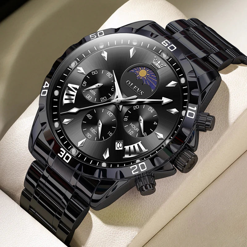 Original Moon Phase Men Watches Luminous Skeleton Waterproof Quartz Watch Calendar Chronograph Stainless Steel Wristwatch