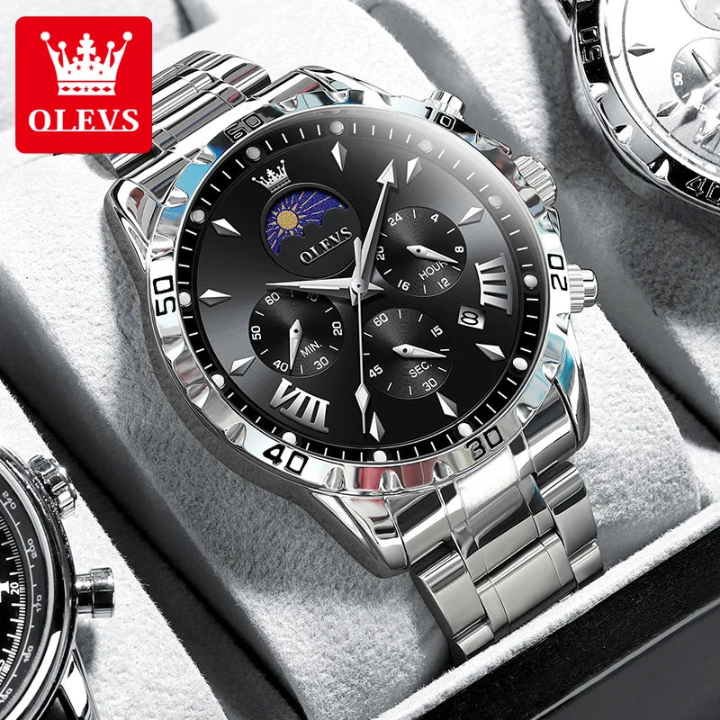 Original Moon Phase Men Watches Luminous Skeleton Waterproof Quartz Watch Calendar Chronograph Stainless Steel Wristwatch