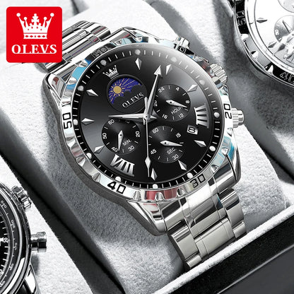Original Moon Phase Men Watches Luminous Skeleton Waterproof Quartz Watch Calendar Chronograph Stainless Steel Wristwatch