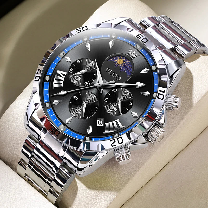 Original Moon Phase Men Watches Luminous Skeleton Waterproof Quartz Watch Calendar Chronograph Stainless Steel Wristwatch