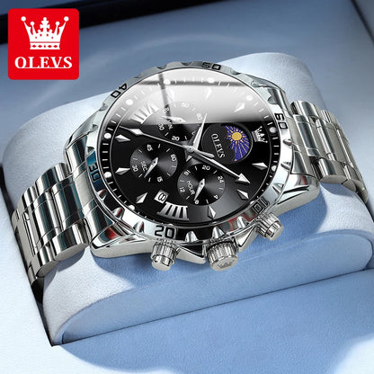 Original Moon Phase Men Watches Luminous Skeleton Waterproof Quartz Watch Calendar Chronograph Stainless Steel Wristwatch