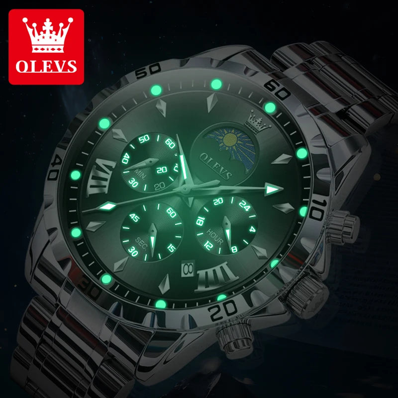 Original Moon Phase Men Watches Luminous Skeleton Waterproof Quartz Watch Calendar Chronograph Stainless Steel Wristwatch