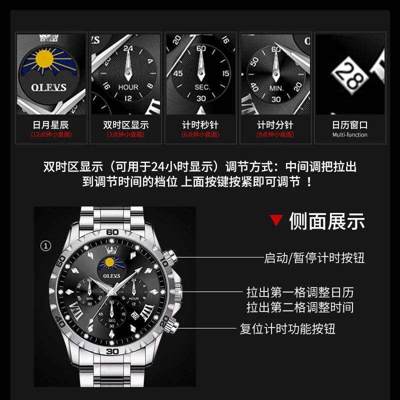 Original Moon Phase Men Watches Luminous Skeleton Waterproof Quartz Watch Calendar Chronograph Stainless Steel Wristwatch