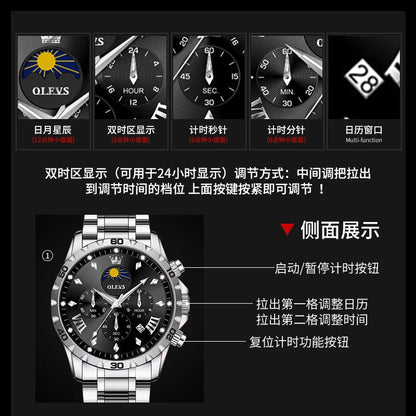Original Moon Phase Men Watches Luminous Skeleton Waterproof Quartz Watch Calendar Chronograph Stainless Steel Wristwatch