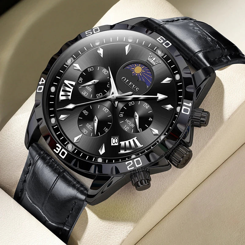 Original Moon Phase Men Watches Luminous Skeleton Waterproof Quartz Watch Calendar Chronograph Stainless Steel Wristwatch