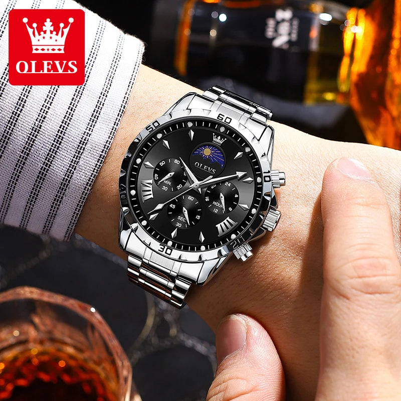 Original Moon Phase Men Watches Luminous Skeleton Waterproof Quartz Watch Calendar Chronograph Stainless Steel Wristwatch