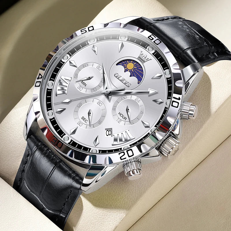 Original Moon Phase Men Watches Luminous Skeleton Waterproof Quartz Watch Calendar Chronograph Stainless Steel Wristwatch