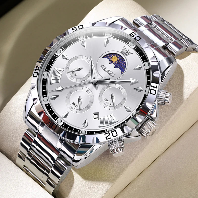 Original Moon Phase Men Watches Luminous Skeleton Waterproof Quartz Watch Calendar Chronograph Stainless Steel Wristwatch