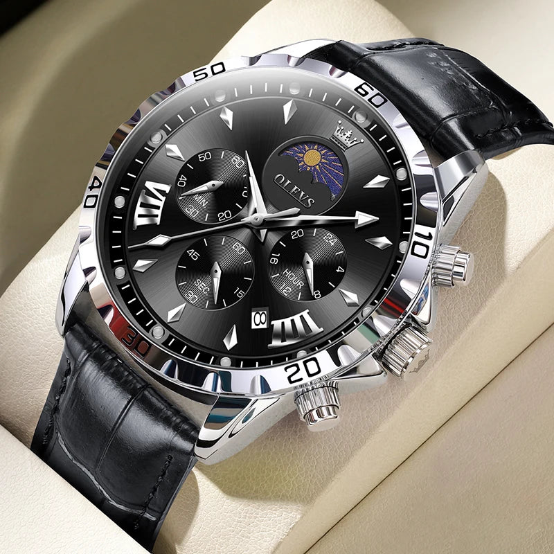Original Moon Phase Men Watches Luminous Skeleton Waterproof Quartz Watch Calendar Chronograph Stainless Steel Wristwatch