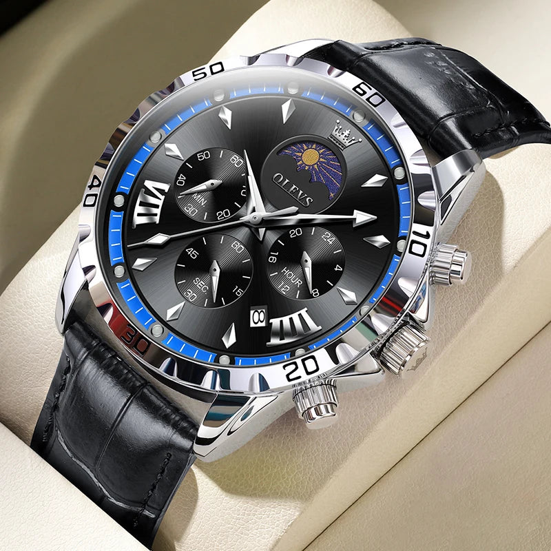 Original Moon Phase Men Watches Luminous Skeleton Waterproof Quartz Watch Calendar Chronograph Stainless Steel Wristwatch