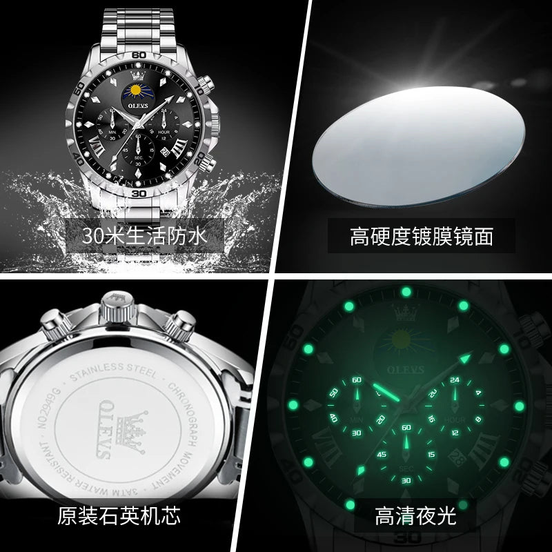 Original Moon Phase Men Watches Luminous Skeleton Waterproof Quartz Watch Calendar Chronograph Stainless Steel Wristwatch
